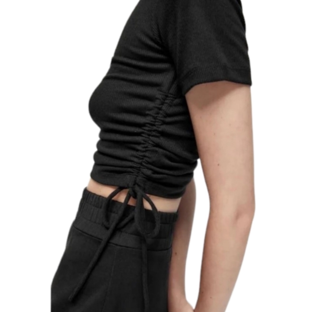 ZARA ruched ribbed short sleeve crop top black NWT y2k - Picture 4 of 7